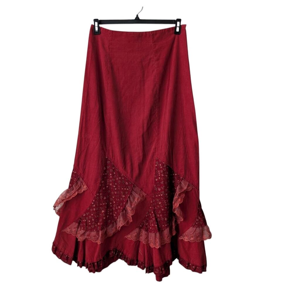 La Reynna red micro corduroy ruffled lace trim maxi skirt